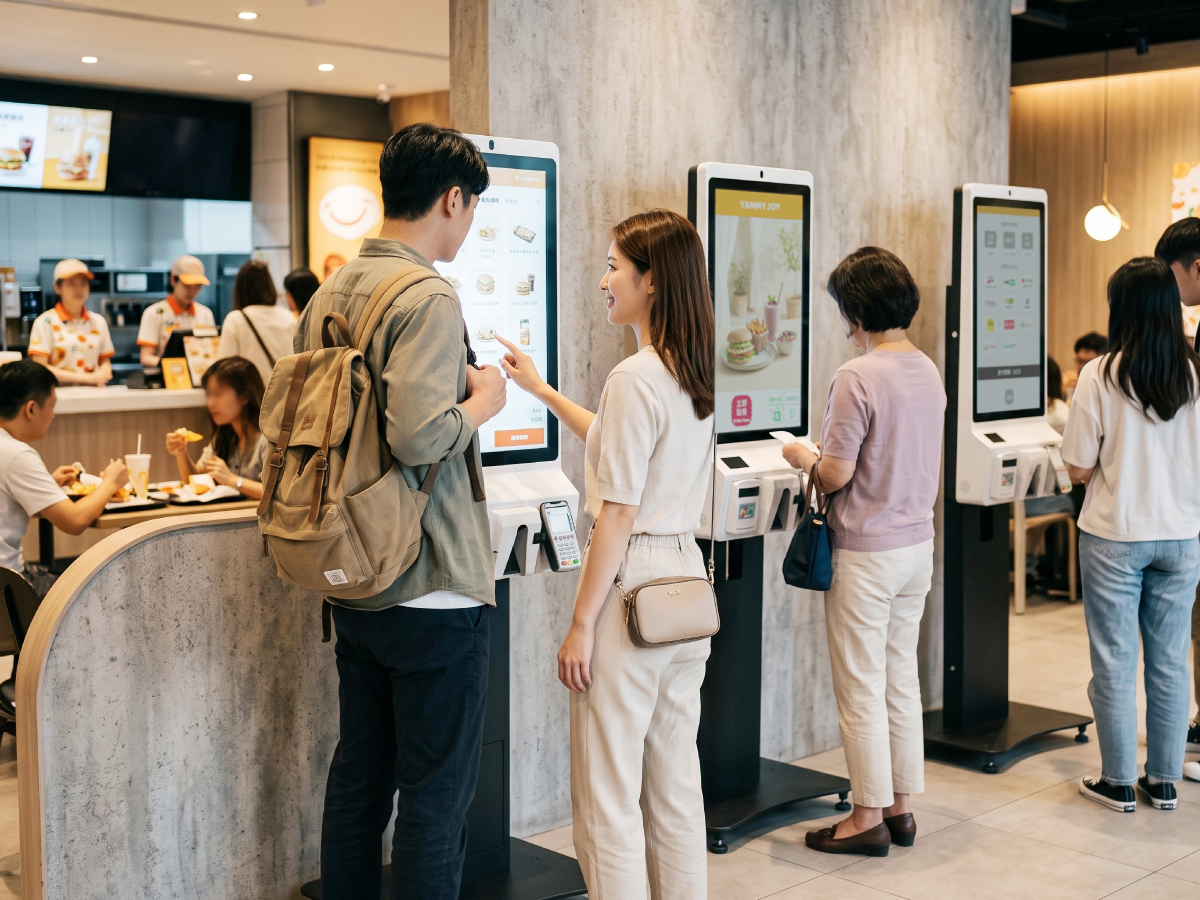 顧客在速食餐廳使用WiXtar自助點餐機QSR Kiosk自助點餐
