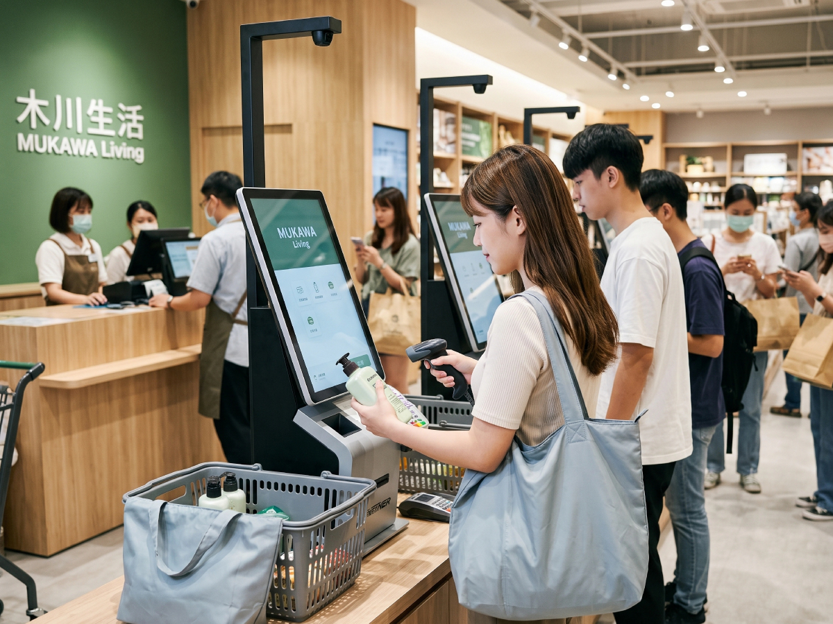 顧客在無人商店使用WiXtar自助結帳機掃描商品條碼自助結帳
