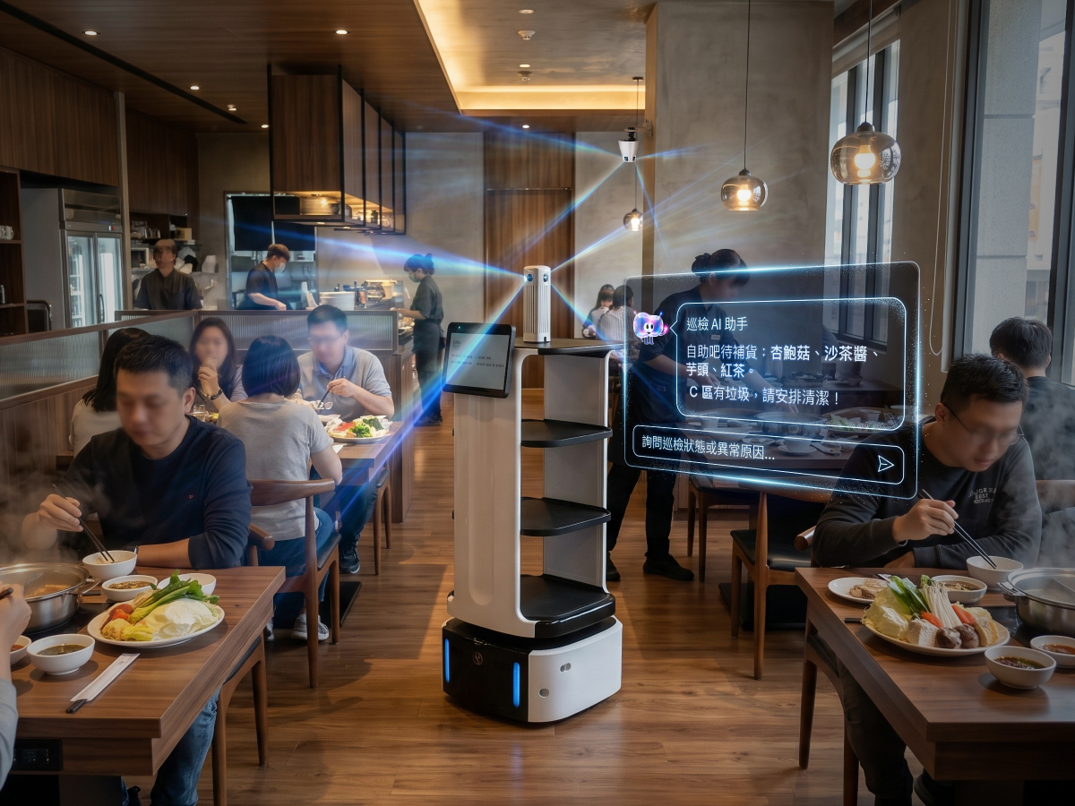 AI 巡店機器人在餐廳走道巡檢，店員在後方備餐