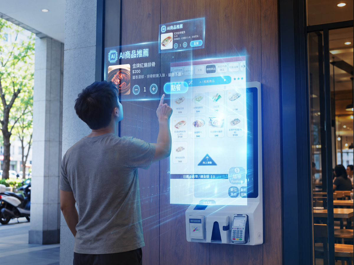 顧客在壁掛式自助點餐機前點餐，AI 主動推薦適合的商品